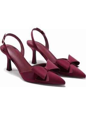 Women's Burgundy Slingback Kitten Heels Bow Satin Closed Toe Wedding Pumps Shoes